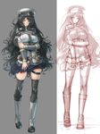  black_hair black_legwear boots comparison copyright_request hat hayama_kazusa highres knee_boots lips long_hair looking_at_viewer parted_lips pleated_skirt simple_background sketch skirt thigh_strap thighhighs very_long_hair yellow_eyes zettai_ryouiki 