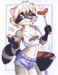  absurd_res anthro clothed clothing cooking female food grill hi_res hot_dog looking_at_viewer mammal michele_light pinup pose raccoon skimpy solo 