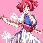  breasts cleavage flower grin hemogurobin_a1c large_breasts onozuka_komachi red_eyes red_hair skirt smile solo spider_lily touhou two_side_up 