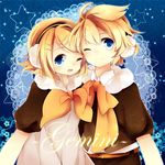  1girl asymmetry_(module) bad_id bad_pixiv_id blonde_hair blue_eyes brother_and_sister earmuffs gemini_(vocaloid) hair_ornament hairclip kagamine_len kagamine_rin leeannpippisum looking_at_viewer one_eye_closed project_diva_(series) project_diva_2nd short_hair siblings smile twins vocaloid 