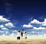  3boys back barefoot black_hair blue_sky brother brothers child cloud clouds east_blue flag hat jolly_roger male male_focus monkey_d_luffy multiple_boys one_piece outdoors pipe pirate_flag pole portgas_d_ace running sabo_(one_piece) sand shorts siblings sky straw_hat top_hat weapon 