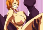 1girl breast_grab breasts cahlacahla censored clenched_teeth cowgirl_position girl_on_top grabbing large_breasts nami nami_(one_piece) nude one_piece orange_hair sex short_hair sitting_on_lap sitting_on_person straddling teeth vaginal 
