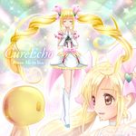  bike_shorts blonde_hair boots bow brown_eyes character_name choker closed_eyes cure_echo full_body fuu-chan_(precure) hair_ornament hair_ribbon hairpin hands_clasped long_hair magical_girl own_hands_together pink_bow precure precure_all_stars_new_stage:_mirai_no_tomodachi rainbow_text ribbon sakagami_ayumi sekken_kasu_barrier shorts shorts_under_skirt skirt smile solo twintails white_choker 