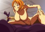  1girl assertive bracelet breasts cahlacahla censored cowgirl_position girl_on_top jewelry large_breasts nami nami_(one_piece) nude one_piece orange_hair red_eyes sex short_hair sitting_on_lap sitting_on_person straddling tattoo tongue vaginal 