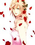 :d bare_shoulders blue_eyes booster517 final_fantasy final_fantasy_xiii final_fantasy_xiii-2 flower hair_flower hair_ornament lightning_farron lips long_hair open_mouth petals pink_hair rose rose_petals simple_background smile solo white_background 