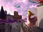  balcony beam blonde_hair bow city contemporary dome dress from_behind gap hair_bow hat hat_ribbon highres kyoro_(asdfg-hjkl) long_hair railing ribbon solo sun tabard touhou twilight white_dress wind window yakumo_yukari 