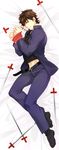  bed_sheet black_keys bound brown_eyes brown_hair cross cross_necklace dakimakura fate/zero fate_(series) full_body highres jewelry kotomine_kirei male_focus necklace on_bed solo sunday31 sweatdrop tied_up 