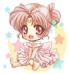  baby back_bow bare_shoulders barefoot bishoujo_senshi_sailor_moon blush bow bracelet chibi_usa crescent double_bun dress facial_mark forehead_mark full_body hair_ornament hairpin huge_bow jewelry lowres no_nose pink_dress pink_hair shirataki_kaiseki short_hair short_twintails sitting small_lady_serenity solo star twintails v_arms younger 
