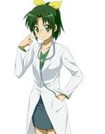  bespectacled blush closed_labcoat doctor glasses green_eyes green_hair hand_in_pocket highres labcoat maruki_(punchiki) midorikawa_nao pencil_skirt ponytail precure simple_background skirt smile_precure! solo stethoscope white_background 