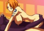  1girl bracelet breasts cahlacahla censored cowgirl_position girl_on_top jewelry large_breasts nami nami_(one_piece) nude one_piece orange_hair red_eyes sex short_hair sitting_on_lap sitting_on_person straddling tattoo tongue vaginal 