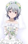  1girl bare_shoulders blush bouquet bow darker_than_black dress elbow_gloves female flower gloves hair_ribbon jewelry lowres necklace ponytail purple_eyes ribbon rose roses silver_hair solo veil wedding_dress white_gloves yin 