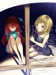  bad_id bad_pixiv_id barefoot bed blonde_hair blurry cup depth_of_field dress drinking_glass kyon_(fuuran) long_hair multiple_girls nightgown on_bed original pink_eyes purple_eyes red_hair short_hair sitting smile wariza wine_glass 