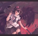  bad_id bad_pixiv_id black_hair black_legwear black_wings hat huanxiang_huifeng looking_at_viewer red_eyes scythe shameimaru_aya short_hair skirt solo thighhighs tokin_hat touhou wings 