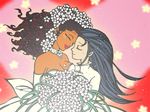  blush couple dark_skin dress eyes_closed flower husband_and_wife long_hair smile wedding_dress 