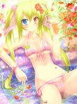  absurdres bad_id bad_pixiv_id bikini blonde_hair cameltoe drink drinking_straw flower glass hair_flower hair_ornament heterochromia highres holding innertube jebura long_hair navel original panties petals side-tie_panties smile solo swimsuit twintails underwear wading_pool water wrist_cuffs 