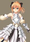  ahoge armor armored_dress artoria_pendragon_(all) asuka1love bare_shoulders blonde_hair bow detached_sleeves dress fate/stay_night fate/unlimited_codes fate_(series) faulds gauntlets green_eyes hair_bow highres long_hair ponytail saber saber_lily solo 