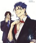  bespectacled black_hair blue_hair brown_hair earrings fate/stay_night fate_(series) formal glasses jewelry kotomine_kirei lancer long_hair male_focus multiple_boys necktie ponytail sparkle suit yuri_(k_a_other) 