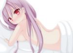  animal_ears bad_id bad_pixiv_id blush breasts bunny_ears chimunge long_hair lying medium_breasts nude on_stomach pillow purple_hair red_eyes reisen_udongein_inaba solo touhou under_covers 