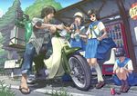  3girls bad_id bad_pixiv_id bag beetle black_hair bottle bug bus_stop can coca-cola drinking exhaust glasses ground_vehicle helmet highres insect manabu_adachi moped motor_vehicle multiple_girls nature original ponytail sandals school_uniform sign tree vending_machine 