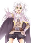 :d belt cape gloves green_eyes hand_on_hip hoeru_maryuu_no_balbacua long_hair maruki_(punchiki) official_art open_mouth outstretched_arm rita_schultz shorts silver_hair smile solo v 
