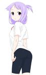  bike_shorts chikuishi from_behind himematsu_school_uniform purple_eyes purple_hair saki simple_background solo suehara_kyouko 