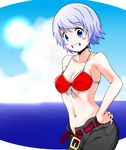  belt bikini_top blue_eyes blue_hair blush_stickers breasts cleavage front-tie_top grin hand_on_hip kawamura_river medium_breasts navel open_fly original pants short_hair smile solo unzipped 