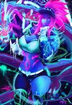  1girl absurdres akali asymmetrical_clothes baseball_cap blowing_kiss body_paint bodypaint breasts cap cleavage dragon glow_in_the_dark glowing hat heart highres hips k/da_(league_of_legends) k/da_akali league_of_legends looking_at_viewer miraihikariart monster paint shorts thick_thighs thighs wide_hips winking 