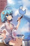  ahoge aqua_eyes aqua_hair bird blush breasts bucket cloud dress_shirt gart hand_on_hip holding huge_ahoge karpin medium_breasts paint paint_can paintbrush painting shirt short_hair shorts sitting sleeves_rolled_up solo star sword_girls tongue tongue_out trim_brush 