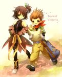 1boy 1girl bag bare_shoulders belt boots breasts brown_eyes brown_hair copyright_name feathers gloves green_eyes jewelry karol_capel nan open_mouth pants pantyhose paper scarf shoes short_hair tales_of_(series) tales_of_vesperia title_drop topknot 