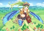  :d bag belt blue_eyes building eichisu feathered_wings feathers green_hair harpy hat landscape long_hair looking_at_viewer mailman midriff monster_girl mountain navel open_mouth original skirt smile solo strapless tubetop wings 