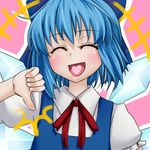  ^_^ blue_hair bow cirno closed_eyes hair_bow heart open_mouth short_hair smile solo thumbs_down tori_(minamopa) touhou upper_body wings 