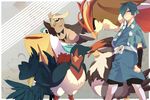  belt bird blue_eyes blue_hair gen_1_pokemon gen_2_pokemon gen_3_pokemon gen_4_pokemon gym_leader hair_over_one_eye hat hayato_(pokemon) honchkrow japanese_clothes menoco noctowl pelipper pidgeot pokemon pokemon_(creature) pokemon_(game) pokemon_hgss short_hair staraptor swellow 