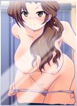  blush breasts brown_eyes brown_hair censored curvy dressing_room groin hanging_breasts huge_breasts idolmaster idolmaster_cinderella_girls kawashima_mizuki leaning_forward long_hair mirror nipples nude panties panty_pull pubic_hair pussy ryuu_ryuu smile solo standing thighs underwear undressing white_panties wide_hips 