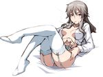  blue_eyes breasts cigarette elizabeth_f_beurling garter_belt long_hair looking_at_viewer lying medium_breasts on_back open_clothes open_shirt shirt silver_hair smoking solo tabigarasu thighhighs white_background white_legwear white_shirt world_witches_series 