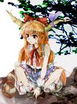  bad_pixiv_id belt bloomers blurry blush_stickers bobby_socks bow branch chain cuffs depth_of_field gourd hair_bow horn_ribbon horns ibuki_suika leaf lips long_hair looking_away natsuyuki orange_hair red_eyes ribbon rock shackles shade shirt sidelocks sitting skirt sleeveless sleeveless_shirt socks solo touhou tree underwear very_long_hair white_background wrist_cuffs 