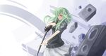  arceonn glasses green_eyes green_hair gumi long_hair microphone microphone_stand music red-framed_eyewear semi-rimless_eyewear singing skirt solo speaker sweater vocaloid 