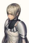  armor blonde_hair bodysuit cape cassandra_(claymore) claymore highres lips pointy_ears shame_(sketch_shot) short_hair silver_eyes solo 