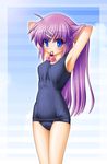  blue_eyes hair_bobbles hair_ornament little_busters! long_hair mouth_hold one-piece_swimsuit purple_hair saigusa_haruka school_swimsuit shion_faru solo swimsuit 