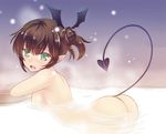  ass bath breasts brown_hair demon_girl demon_tail hair_bun medium_breasts nude onsen open_mouth original partially_submerged pointy_ears saisou_(2ndere) short_hair solo succubus tail 