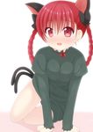  all_fours animal_ears bad_id bad_pixiv_id blush bow braid breast_squeeze breasts cat_ears cat_tail chimunge dress green_dress hair_bow kaenbyou_rin looking_at_viewer medium_breasts multiple_tails nekomata open_mouth red_eyes red_hair solo tail touhou twin_braids v_arms 