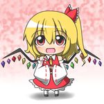  :d bare_shoulders blonde_hair blush bobby_socks bow chibi cosplay detached_sleeves feiton flandre_scarlet gohei hair_bow hakurei_reimu hakurei_reimu_(cosplay) hands_together long_sleeves looking_at_viewer necktie open_mouth own_hands_together pink_background red_eyes ribbon shadow short_hair side_ponytail skirt smile socks solo touhou vest white_legwear wide_sleeves wings 