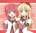  akaza_akari aoba_mina bad_id bad_pixiv_id blonde_hair blue_eyes long_hair long_sleeves multiple_girls nanamori_school_uniform purple_eyes school_uniform serafuku short_hair short_over_long_sleeves short_sleeves toshinou_kyouko yuru_yuri 