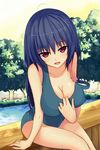  ahoge arm_support bad_id bad_pixiv_id blue_hair breasts cleavage collarbone covered_nipples highres large_breasts long_hair looking_at_viewer naughty_face off_shoulder one-piece_swimsuit open_mouth original pini pool red_eyes shiny shiny_skin sitting smile solo strap_slip swimsuit tree undressing 