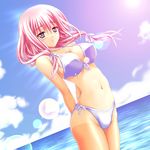  arms_behind_back bikini breasts cleavage cloud day dutch_angle jnr-m large_breasts lens_flare navel original pink_eyes pink_hair short_hair solo standing swimsuit tan tanline 