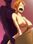  1girl bent_over breasts cahlacahla eyes_closed highres large_breasts nami nami_(one_piece) nude one_piece open_mouth orange_hair sex short_hair teeth thighs vaginal 