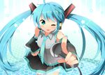  ;p ao_ringo aqua_eyes aqua_hair blush detached_sleeves hatsune_miku headphones headset long_hair looking_at_viewer microphone one_eye_closed skirt smile solo tongue tongue_out twintails very_long_hair vocaloid 