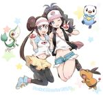  baseball_cap blue_eyes blush brown_hair cutoffs denim denim_shorts double_bun gen_5_pokemon hat long_hair mei_(pokemon) midriff mobuko_(akita_komachi) multiple_girls navel one_eye_closed open_fly oshawott pantyhose poke_ball pokemon pokemon_(creature) pokemon_(game) pokemon_bw pokemon_bw2 ponytail raglan_sleeves short_shorts shorts snivy tepig touko_(pokemon) twintails unzipped visor_cap 