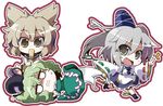  akaneya blonde_hair chibi covering_mouth dress earmuffs ghost_tail green_dress green_hair grey_eyes hat hat_ribbon japanese_clothes kariginu long_sleeves lowres mononobe_no_futo multiple_girls open_mouth pointing ponytail pulling ribbon ritual_baton running shirt silver_hair skirt smile soga_no_tojiko tail tail_grab touhou toyosatomimi_no_miko wide_sleeves 