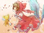  bow brown_eyes brown_hair cardcaptor_sakura dress fuuin_no_tsue gloves hat ichinashi kero kinomoto_sakura magical_girl open_mouth petals pink_bow pink_hat riding short_hair wand white_gloves wings 