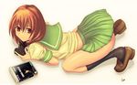  brown_eyes brown_hair controller dark_souls dualshock game_console game_controller gamepad midoriyama_saki original playstation_3 school_uniform shoe_dangle solo souls_(from_software) top-down_bottom-up viridian-c 